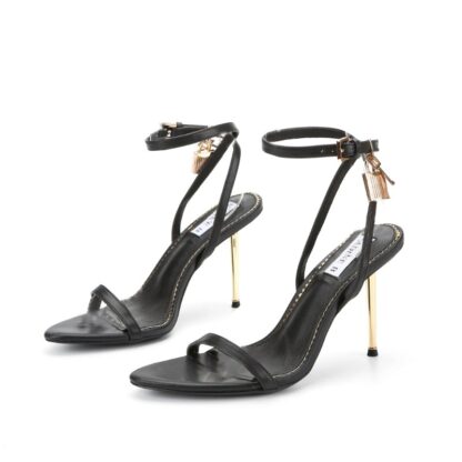 Classic Bomb Metal High Heel Pointed Toe P Lock Leather Sandals Black