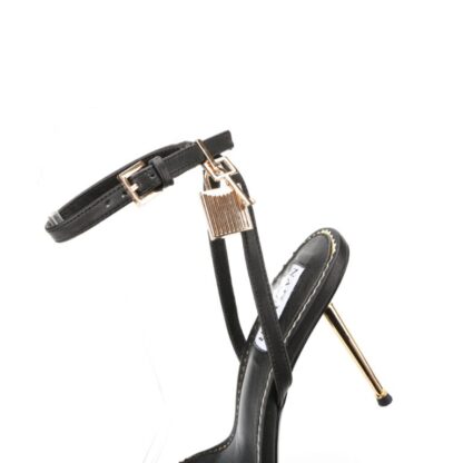 Classic Bomb Metal High Heel Pointed Toe P Lock Leather Sandals Black - Image 4