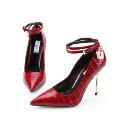 Atomic Croc Embossed T Ford Metal High Heel Pointed Toe P Lock Leather Pumps Red - Image 2