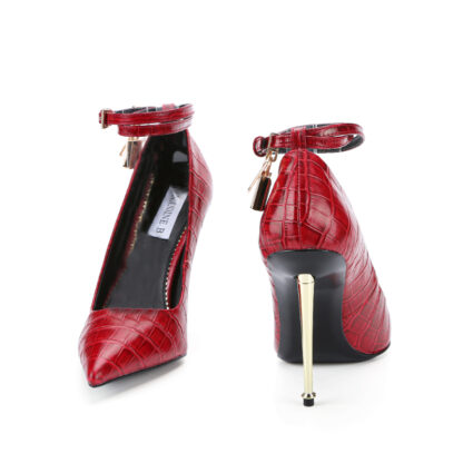 Atomic Croc Embossed T Ford Metal High Heel Pointed Toe P Lock Leather Pumps Red - Image 9