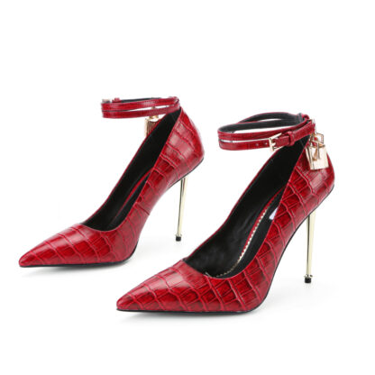 Atomic Croc Embossed T Ford Metal High Heel Pointed Toe P Lock Leather Pumps Red - Image 4