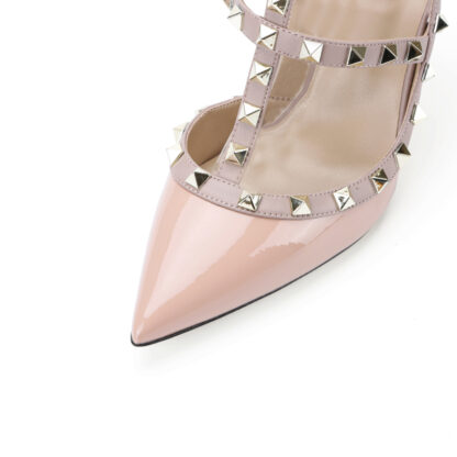 Cleo Rockstud Patent T- Strap High Heel Pumps Beige - Image 5