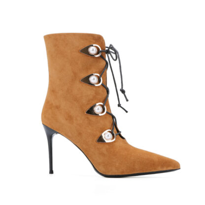 Swizz Pearl Buttons Suede Pointed Toe Leather  Boot Brown