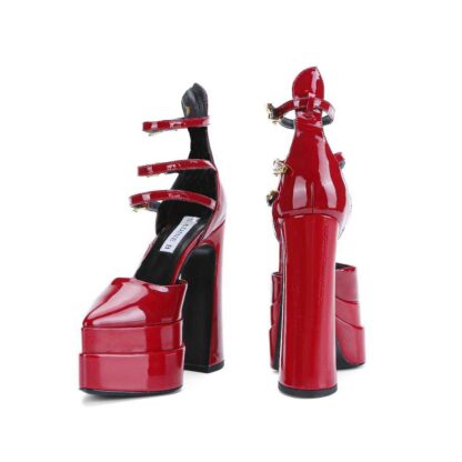 Verse Patent Leather Platform Strappy Pumps Red - Image 6