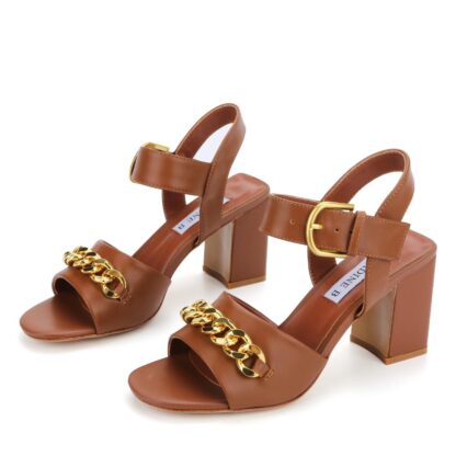 Brown Chained Top V Blocked Heel Buckle Sandals