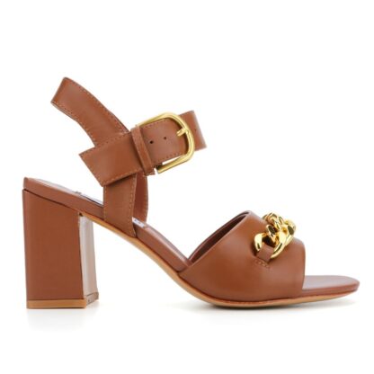 Brown Chained Top V Blocked Heel Buckle Sandals - Image 2