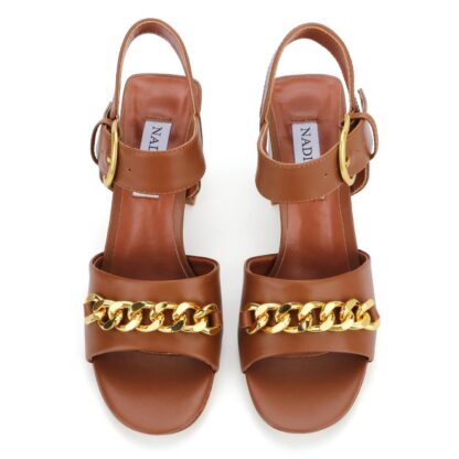 Brown Chained Top V Blocked Heel Buckle Sandals - Image 3