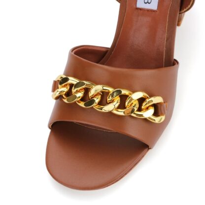 Brown Chained Top V Blocked Heel Buckle Sandals - Image 6