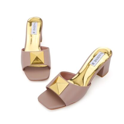 Brown V Rockstud Pyramid Big Gold Block Heel Open Toes - Image 2