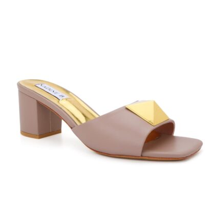 Brown V Rockstud Pyramid Big Gold Block Heel Open Toes - Image 3