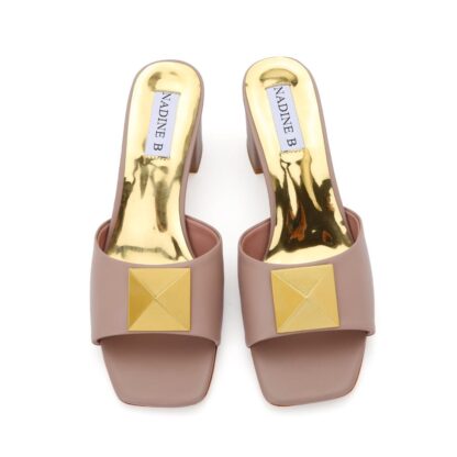 Brown V Rockstud Pyramid Big Gold Block Heel Open Toes - Image 6