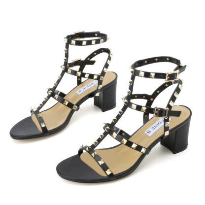 Black V Mini Rockstud Block Heel Ankle Sandals