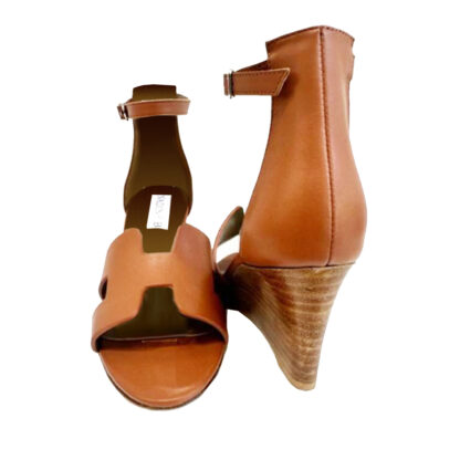 Brown Leather H Wedge Buckle Sandals - Image 4